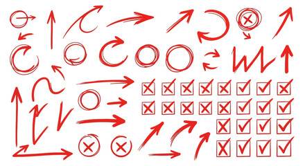 Collection of hand drawn red checkmarks crosses and arrows on white background