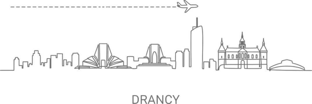 Drancy Skyline with Airplane Line Art