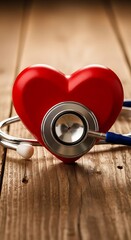 Heart Health - Stethoscope on Wooden Surface with Red Heart.