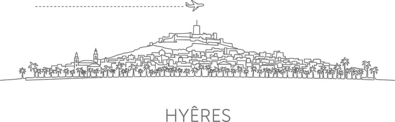 Obraz premium Hyères Skyline Line Art with Airplane and Palms