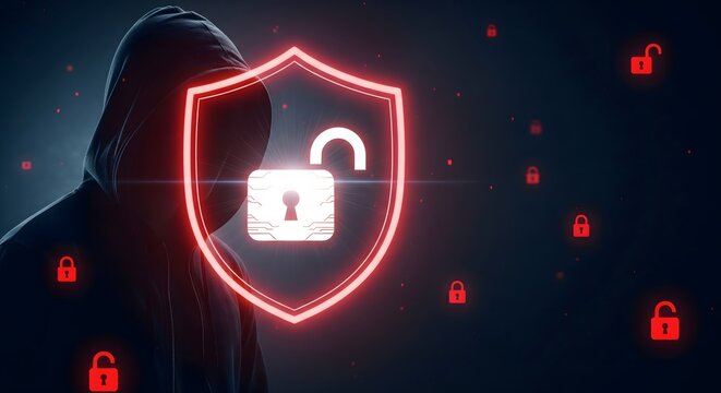 A hooded figure with a glowing red shield icon representing cybersecurity. Concept of data protection, internet security, and privacy against hackers and online threats.