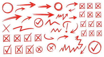 Collection of red hand drawn arrows checkmarks circles xs and question marks on white background