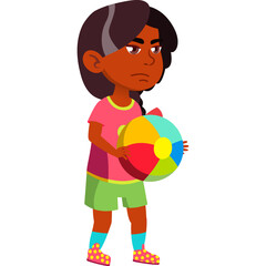 Pixel Art Girl with Beach Ball Expressing Frustration While Wearing Pink Shirt Green Shorts and Polka Dot Shoes on Transparent Background
