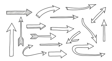 Collection of hand drawn arrows in various styles and directions on white background