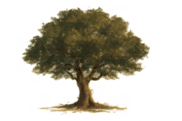 Green oak tree illustration with textured foliage and strong trunk, representing nature, growth, and environmental concepts, transparent background