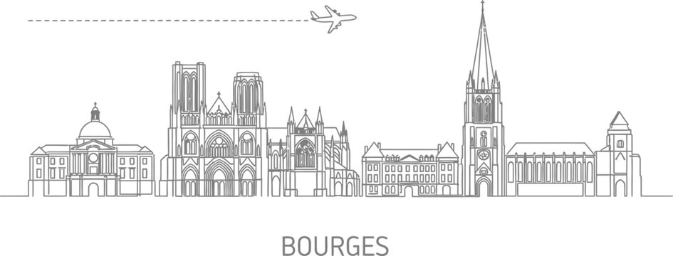Bourges Skyline with Airplane Line Art