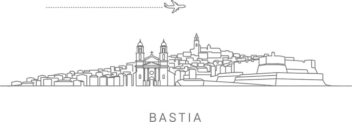 Obraz premium Bastia Skyline with Airplane and Ferry Boat Illustration