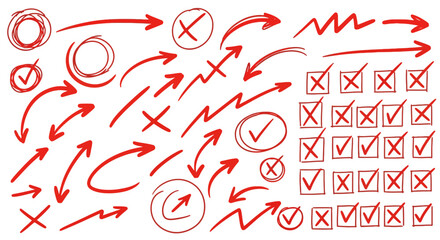 Hand drawn red arrows checkmarks and crosses symbols collection isolated on white background