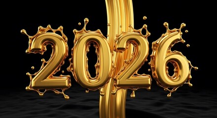 Golden 2026 year with liquid splashes, dynamic flow, and metallic shine, symbolizing prosperity, success, and a vibrant new beginning