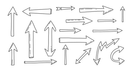Collection of hand drawn arrow icons and symbols in black and white sketch style