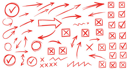 Hand drawn red arrows checkmarks and crosses symbols isolated on white background for design