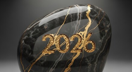 Luxurious 2026 gold text on elegant black marble with intricate golden veins, symbolizing future prosperity and financial success.