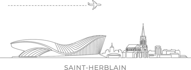 Fototapeta premium Saint-Herblain City Skyline with Airplane Flying Overhead