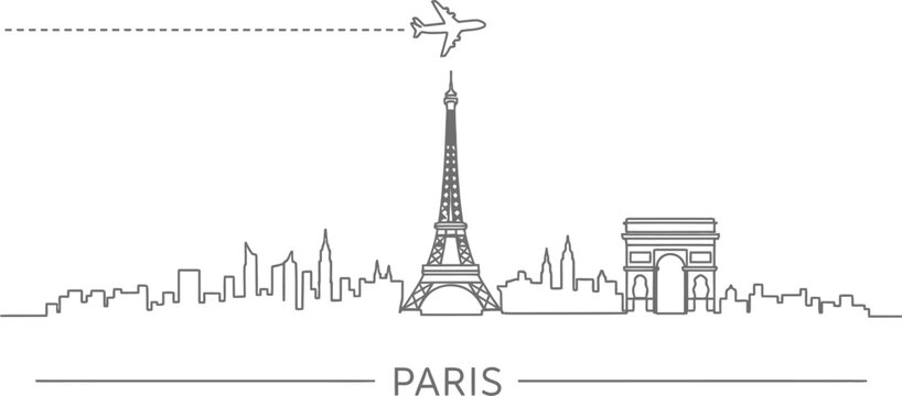 Paris Skyline with Eiffel Tower, Arc de Triomphe and Airplane