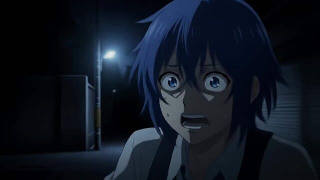 Anime girl, blue hair, in terror under street light at night, close-up shot