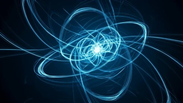Abstract swirls of blue light emanate from a central point against a dark background