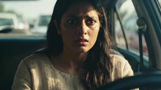 A stressed pregnant woman breathes heavily, feeling pain in her car.