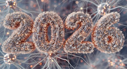 2026 year glowing with intricate wireframe design and neural network background, symbolizing future technology and innovation