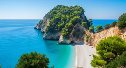 Idyllic Beach Scene - Turquoise Waters and Lush Greenery in Greece.