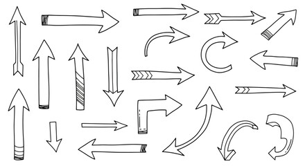 Collection of hand drawn arrow doodles and directional pointers in black ink on a white background