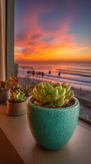 Obraz premium Succulent Pot on Windowsill with Sunset Ocean View