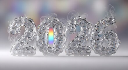 Sparkling 2026 year text crafted from glass bubbles, enveloped in mystic smoke with a vibrant rainbow refraction, symbolizing future