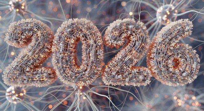 2026 year glowing with intricate wireframe design and neural network background, symbolizing future technology and innovation