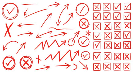 Collection of hand drawn red checkmarks x marks and arrows on white background