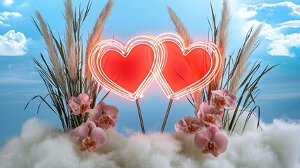Romantic Neon Hearts with Flowers and Clouds under Blue Sky