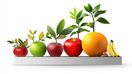 Colorful Arrangement of Fresh Fruits and Leaves on a White Shelf