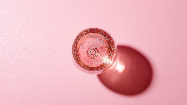 brut. Glass of rose sparkling wine on a pastel pink background, captured from above with soft shadows and studio lighting. bar promotions.
