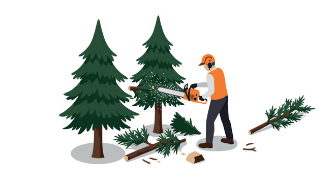 Lumberjack cutting pine trees with chainsaw in isometric style