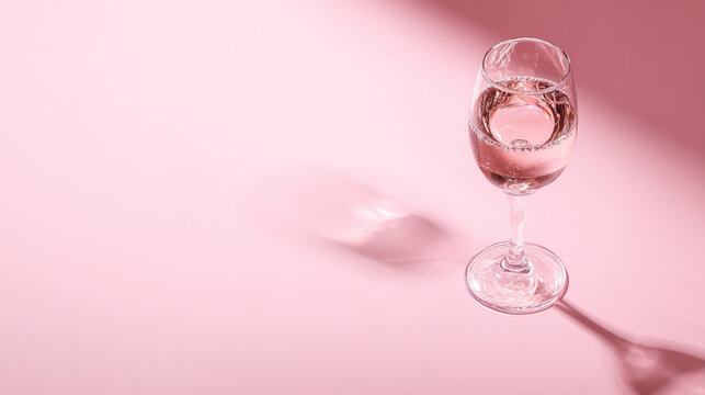 brut. Glass of rose sparkling wine on a pastel pink background, captured from above with soft shadows and studio lighting. bar promotions.
