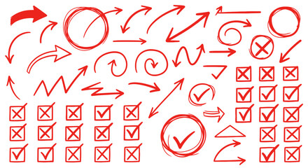 Collection of hand drawn red arrows checkmarks circles xs and geometric shapes on white background