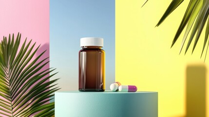 Glass jar with capsules on colorful backdrop with palm leaves