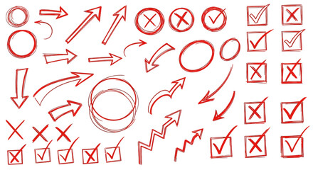 Hand drawn red arrows circles checkmarks and crosses on a white background for design elements