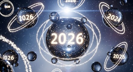 Futuristic cosmic spheres with glowing rings representing the year 2026 in a dynamic, sparkling universe. concept of future technology, time.