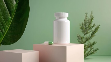 White Pharmaceutical Bottle with Green Capsule on Minimalist Background