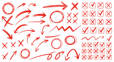 Collection of hand drawn red arrows circles xs and checkmarks on white background