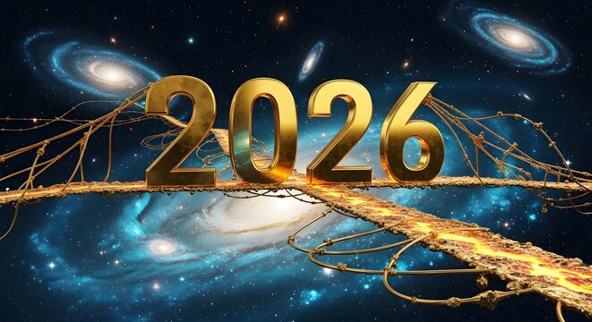 Golden 2026 numbers on a futuristic cosmic bridge, symbolizing technological advancement and future innovation in space