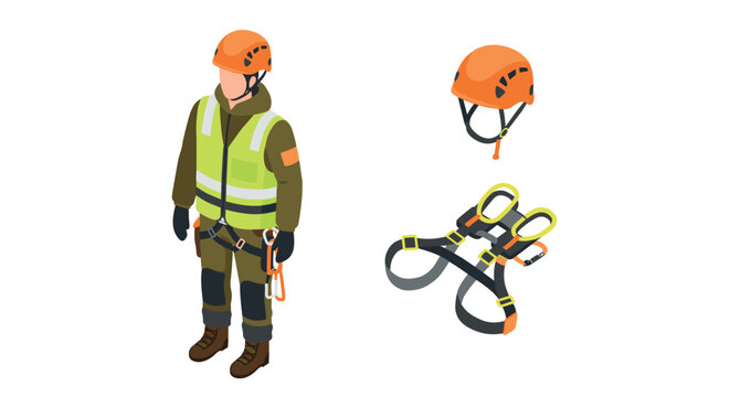 Isometric safety gear worker with helmet and harness for industrial protection