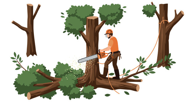 Lumberjack cutting trees with chainsaw in forest scene