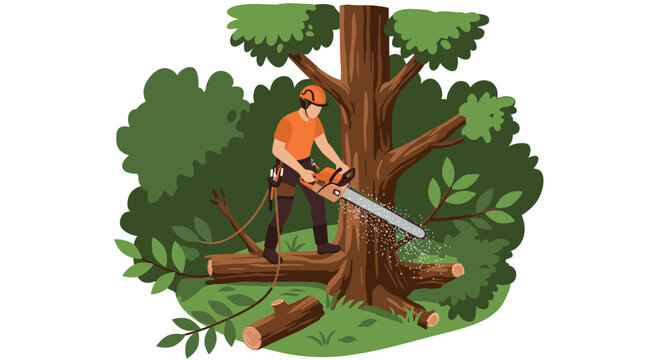 Lumberjack using chainsaw to cut down tree in forest setting with safety gear