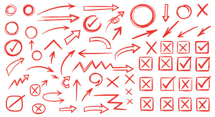 Collection of hand drawn red arrows checkmarks and crosses symbols on white background