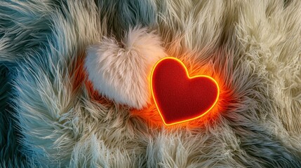 Cozy Furry Background with Red and White Hearts on Soft Texture