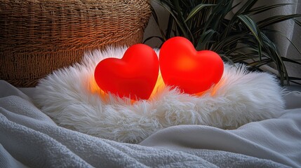 Romantic Heart-Shaped Lamps on Soft Fur Rug with Cozy Decor