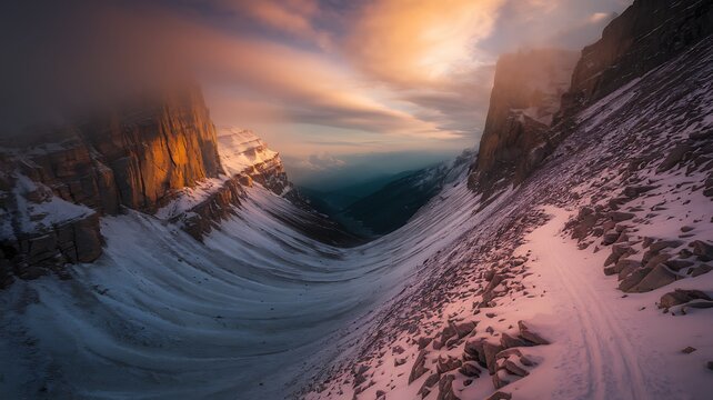 Snowy Mountain Valley Path Winter Landscape