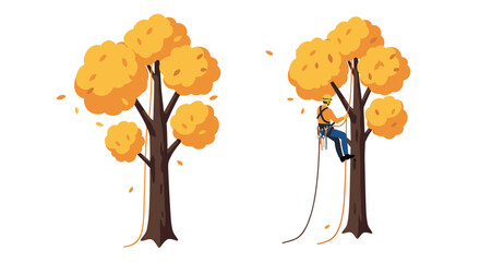 Autumn tree climbing scene with arborist in vibrant fall colors