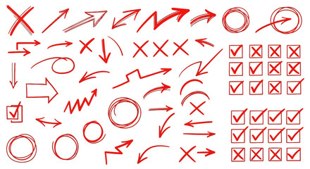Collection of red hand drawn arrows checkmarks circles and xs isolated on white background