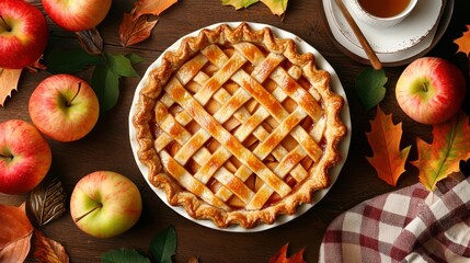 Delicious Apple Pie with Autumn Leaves and Fresh Apples Surrounding